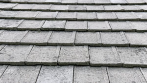 Close-up view of several rows of overlapping gray concrete roof tiles, arranged in a repetitive, slightly uneven pattern. The surface has a rough texture and appears weathered.