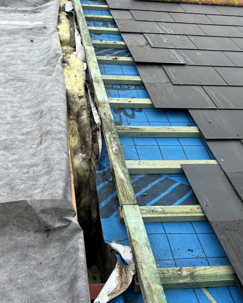 Close-up of a partially constructed roof showing exposed insulation, roofing felt, blue waterproof membrane, green wooden battens, and black roof tiles in various stages of installation.